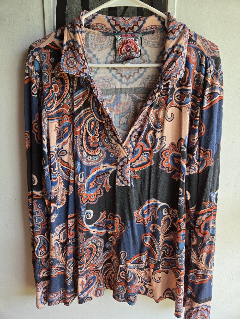 Johnny Was Blue & Peach Paisley V-Neck Tunic
